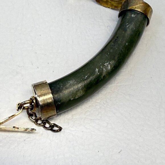 Nephrite Jade Circular Panel Bracelet Vintage Gold-Tone Chinese Symbols - Picture 6 of 10